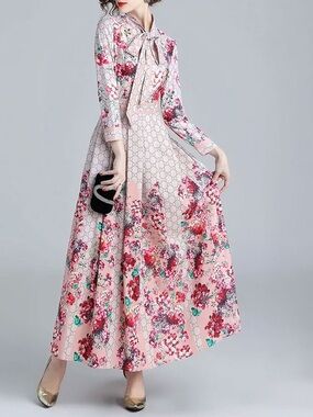 Designer-style Floral Pink Tie-Neck Maxi Dress